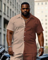Men's Plus Size Casual & Khaki & Brown Colorblock Short Sleeve Shirt Trousers Suit